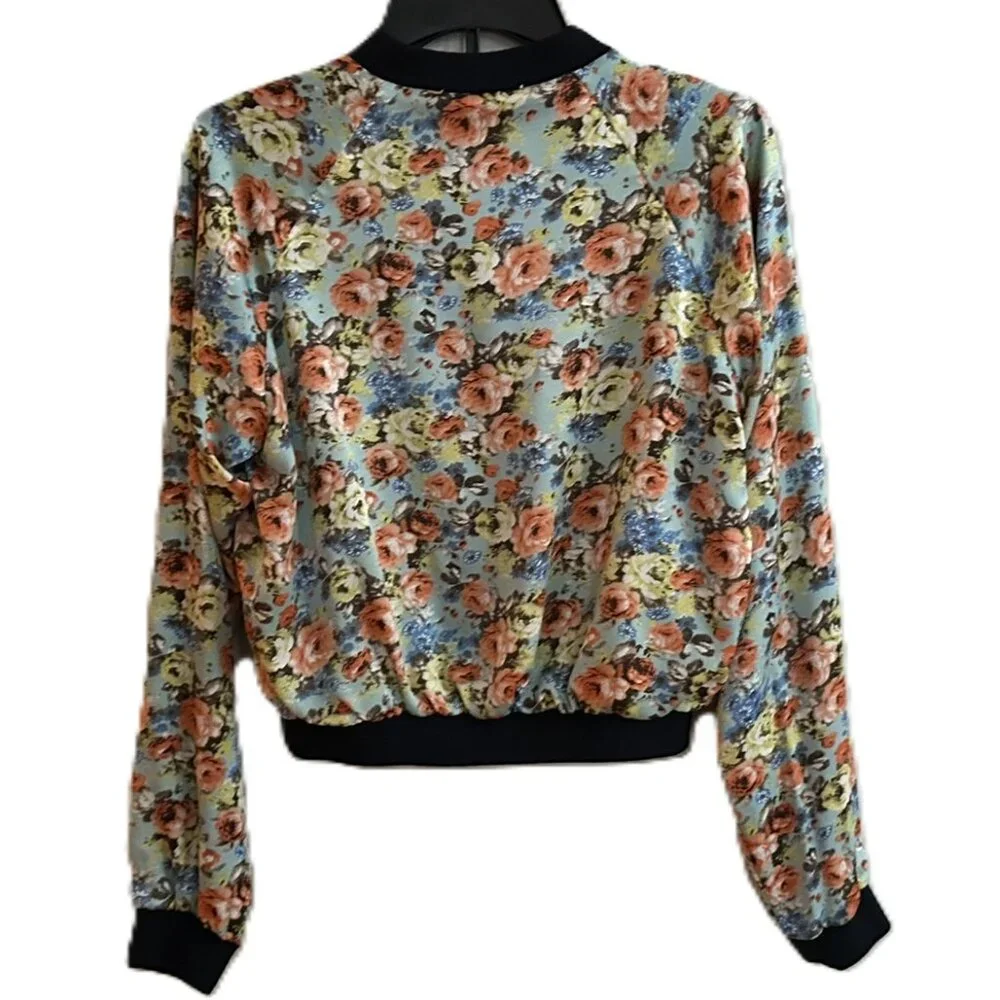 XS women Reversible Jacket Short Moto Style Floral and Blue Satin 2 looks in 1 - Picture 5 of 9